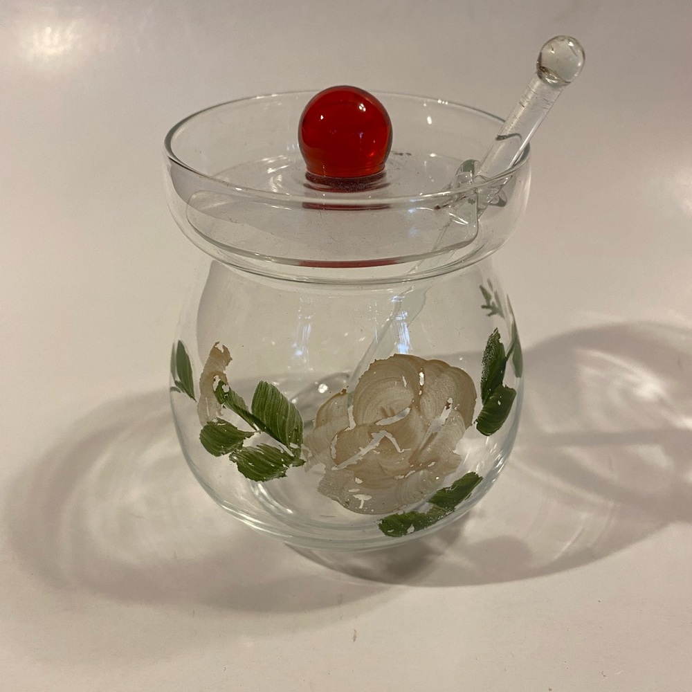 Vintage Hand-Painted Glass Honey Jar with Glass Dipper & Red Ball Finial Lid